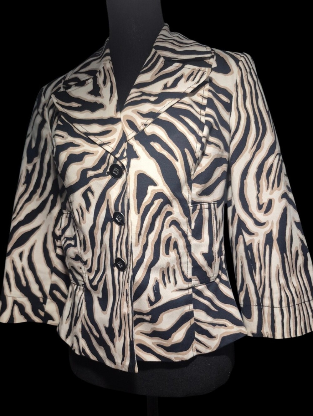 Rafaella Zebra Animal Print 3/4p Sleeve Button Blazer Jacket Size S
